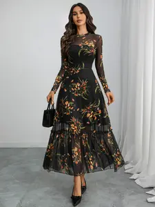 Elegant Gothic Floral Print Long Sleeve Mesh Dress, Autumn Winter Waist Cinching Patchwork, Women's Fashionable Clothing