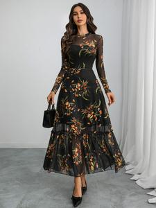 elegant gothic floral print long sleeve mesh dress, autumn winter waist cinching patchwork, women's fashionable clothing