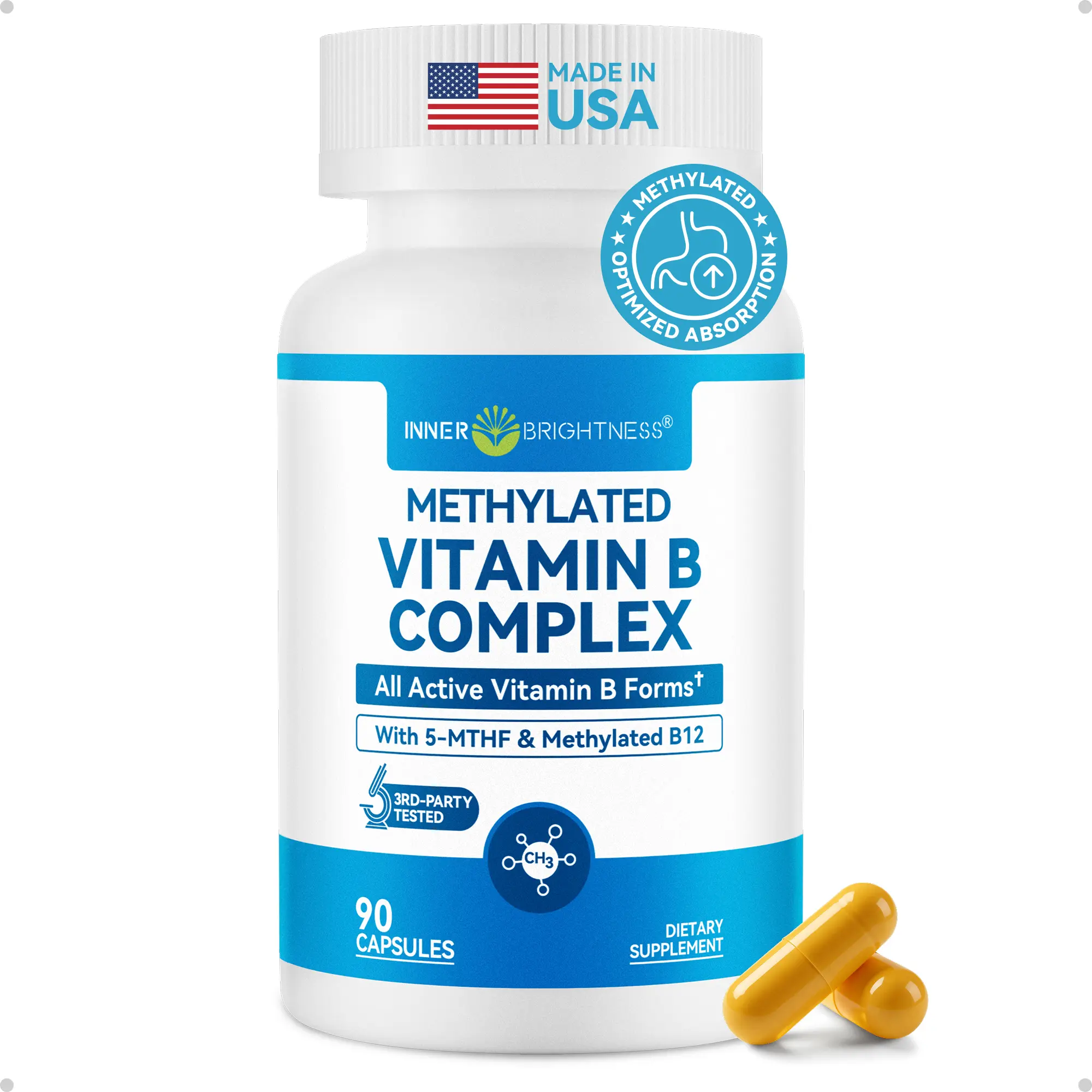 Inner Brightness Vitamin B Complex - Fully Methylated Active B12, B6, Folate - for Energy, Focus, Mood & Nerve Health - Non-GMO Vegan Gluten-Free with B1, B2, B3, B6, B7-90 Capsules for 3 Months