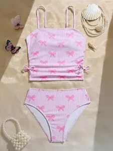 Young Girl Tankinis,Toddler Girl Spaghetti Strap Tankini Swimwear Set,Pink Striped Bow 2pcs,Cute Bikini Bathing Suits For Summer,Beach,Holiday,Pool