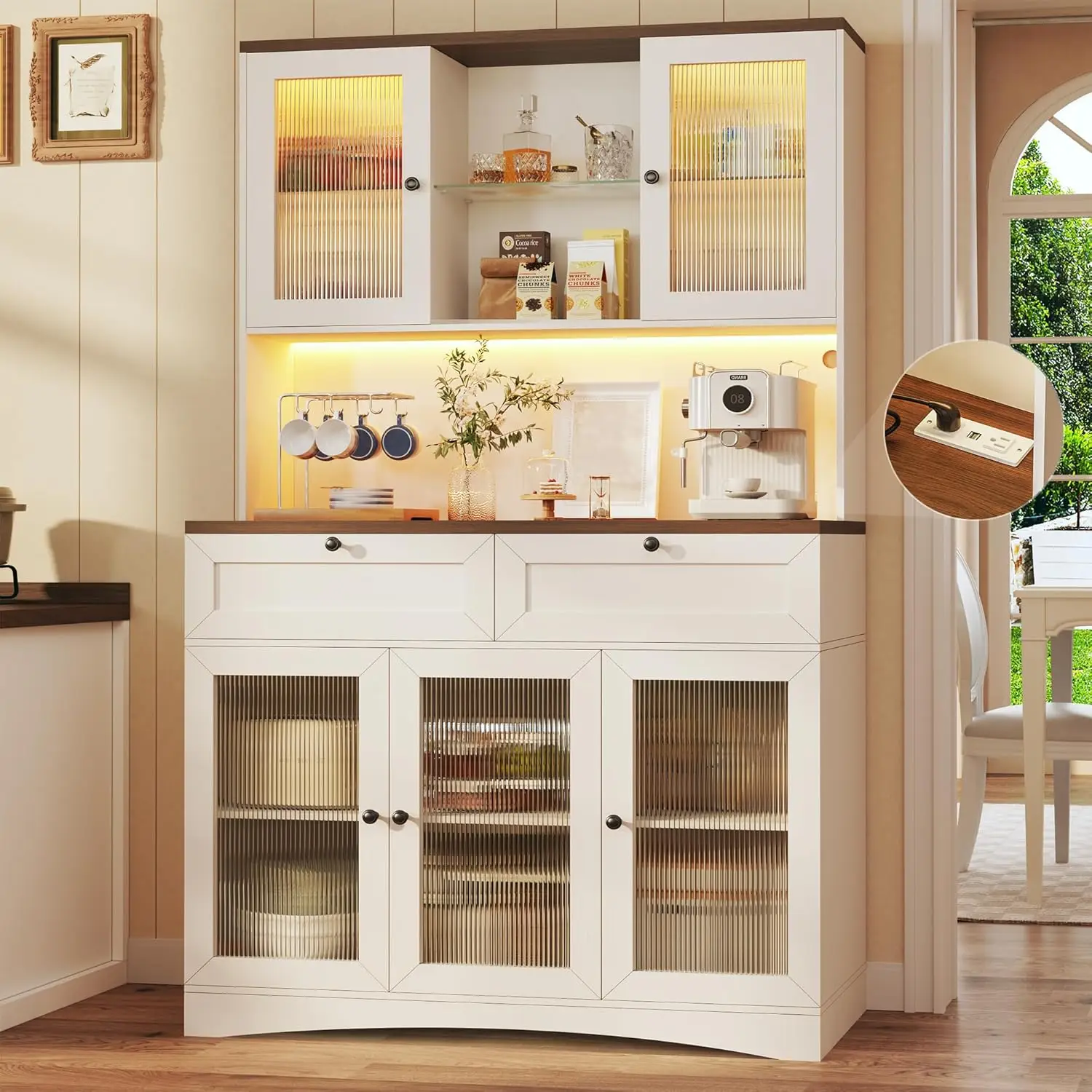 71" Kitchen Pantry Cabinet with Lights & Glass Doors, Pantry Storage Cabinet with Microwave Stand, Kitchen Hutch Food Cabinets with Charging Station,