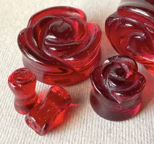 PAIR Carved Rose Flower Red Glass Double Flare Plugs Gauges Tunnels Jewelry