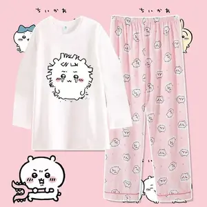 Anime Usag Hachiware Summer thin pajamas round neck Loose long-sleeved shirt and pants Cute cartoon pattern household clothes