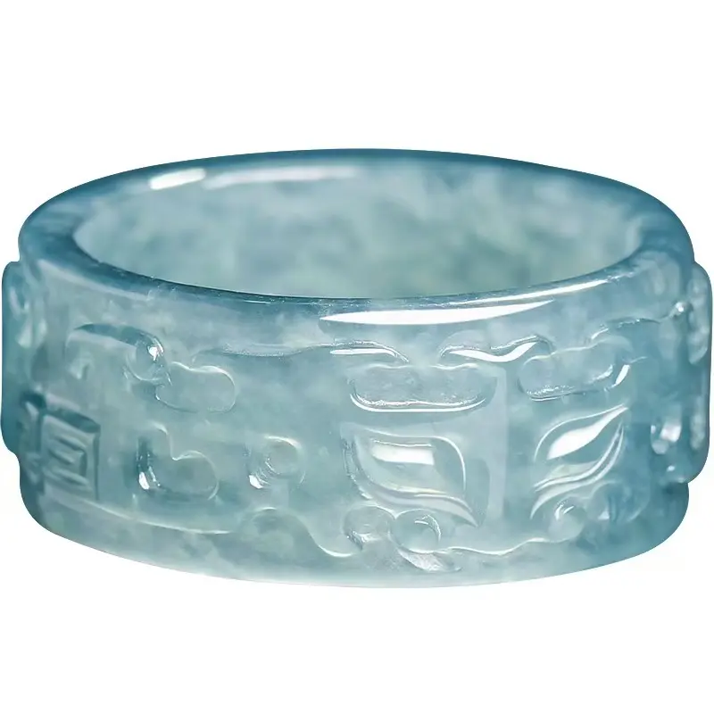 Natural Icy Blue Jadeite Carved Band Ring
