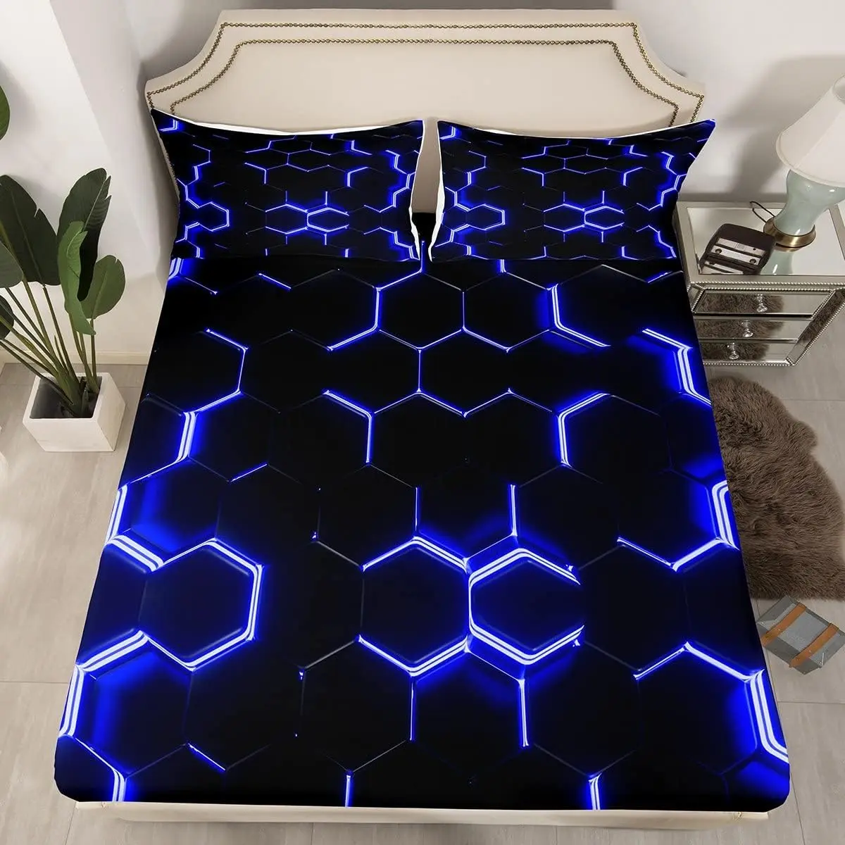 Feelyou Full 3D Printed Geometric Honeycomb Bedding Set with Sheets - Blue & Black Hexagonal, Artistic Look, Aesthetic Fitted Sheets, Deep Pockets, Chemical-Free Microfiber, Machine Washable, Low-Tumble-Dry Bed Linens for Home Use, Bedding With Sheets
