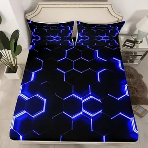 Feelyou 3D Printed Vibrant Microfiber Bedsheet Sets - Blue and Black Hexagonal Honeycomb Simplistic Geometric Fitted Sheet & Bed Cover, Suitable for Home Use