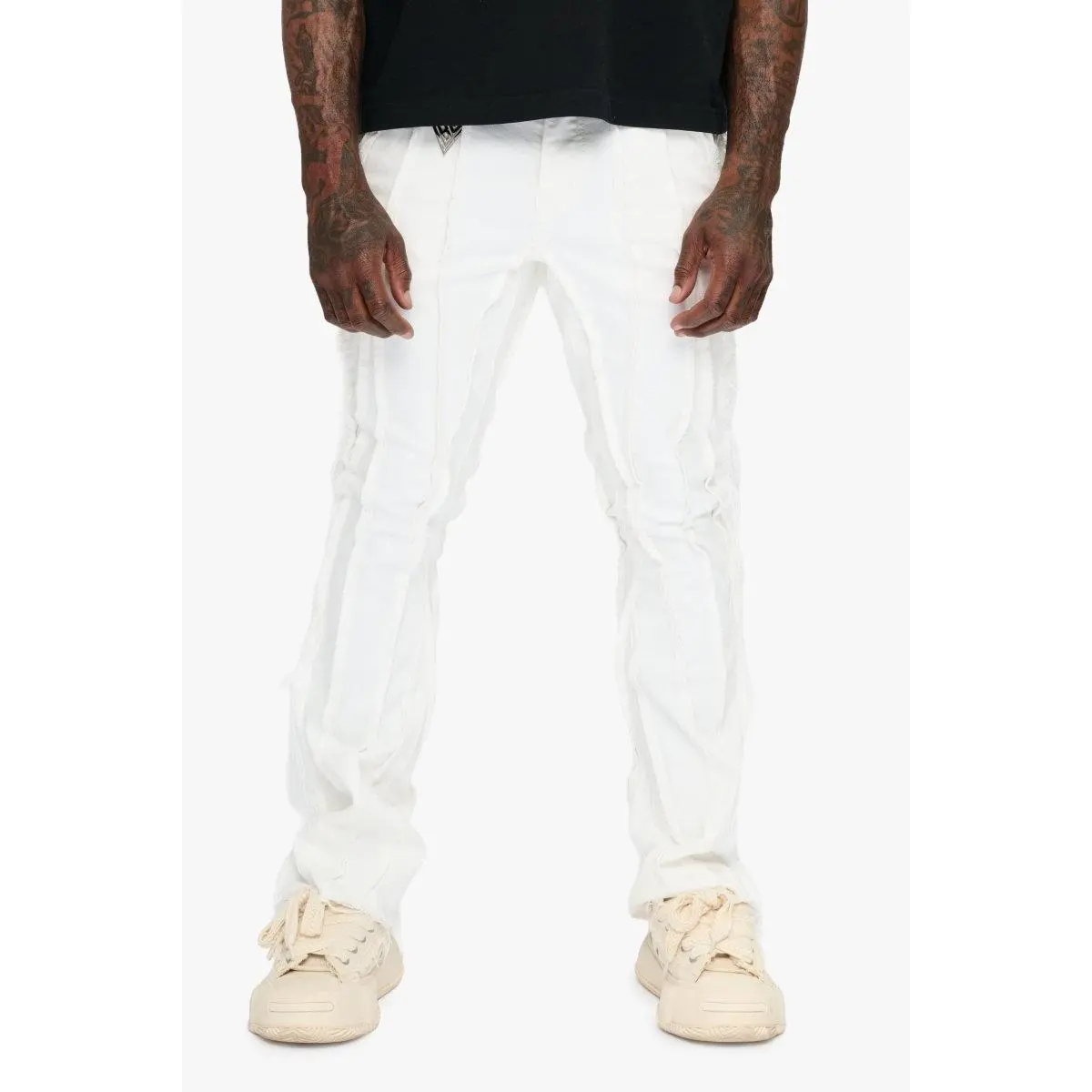 Women's Solid Stacked Jeans - Men’s Long Length White Stretch Denim, Statement Skinny Fit with Twisted Seam, Extended Inseam, Button Fly, Zip, Sculpted Fall, Minimalist Casual Streetwear, Hang Dry, Inside-Out, Signature Valabasas Hardware