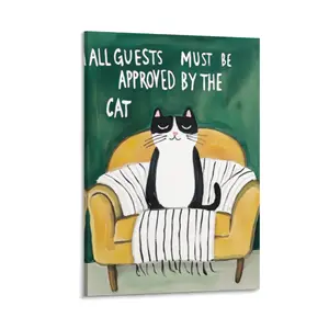 Funny Cat Quote Canvas Wall Art, 2D HD Print “All Guests Must Be Approved by the Cat” Poster, Framed/Unframed Wall Decor for Home, Cute Tuxedo Cat Artwork, Great Home Decoration Gift for Cat Lovers