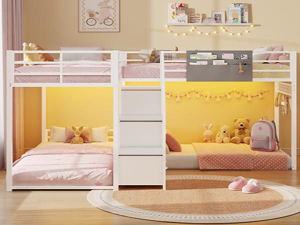 ADORNEVE L-Shaped Triple Bunk Beds Twin Size wit Staircase and 6 Drawers 3 Twin Beds with All-Around Safety Guardrails and Storage Staircase Side Storage Pocket