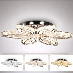 Modern Luxury K9 Crystal 6-Leaf LED Ceiling Chandelier Flush Mount Dimmable Remote Switch Control 220V AC Cool White Western Elegance Large Size Living Room Lighting QH-MC102