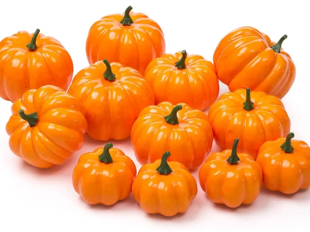 12 Pack Artificial Assorted Pumpkins, Mini Fake Pumpkins Orange Pumpkin Decor Mini Halloween Pumpkins Foam Pumpkin Artificial Vegetable for Halloween Harvest Thanksgiving Party Decor