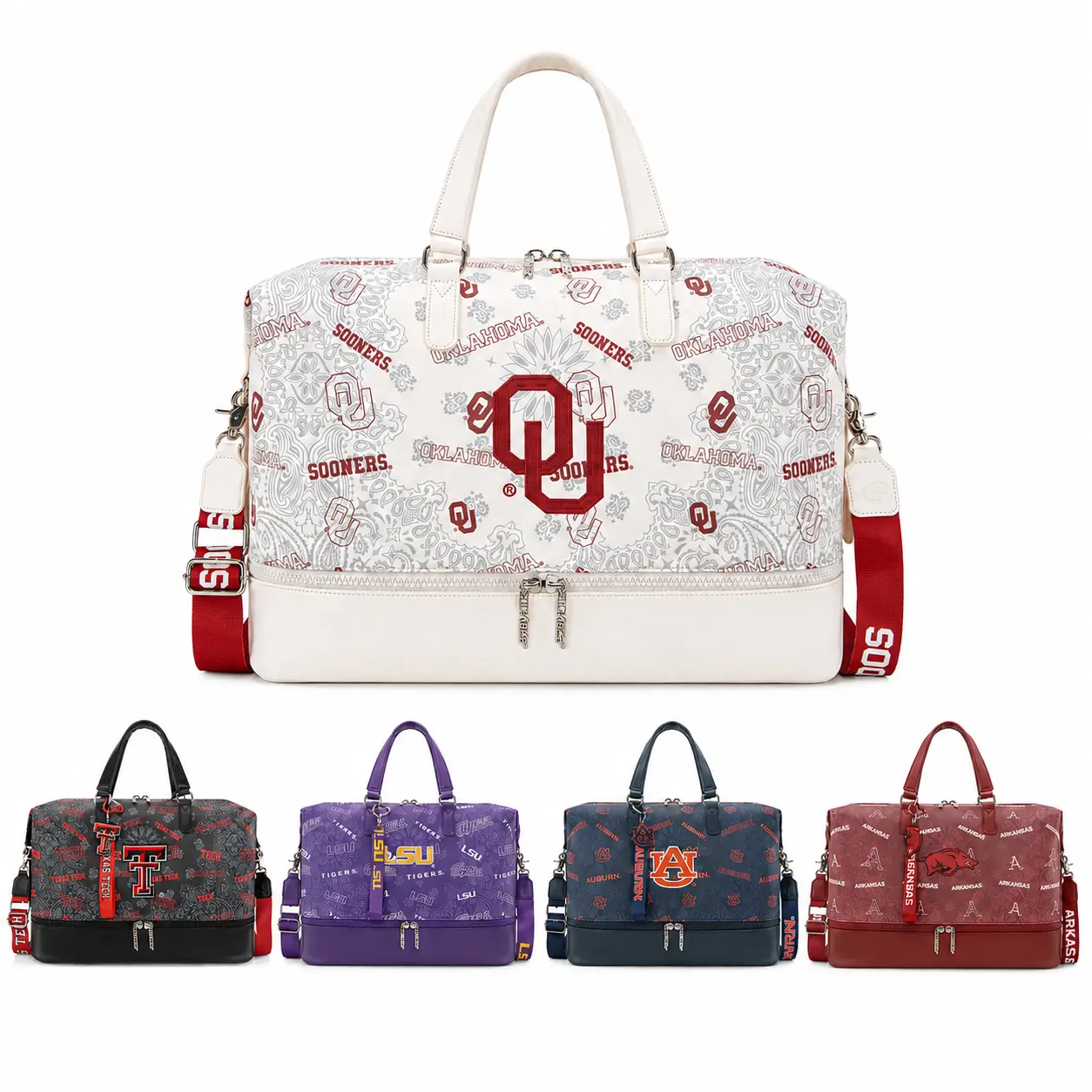 NCAA Duffle Gym Bag with Trolley Sleeve, Foldable Overnight Travel Bag for Travel, Graduation Gift,Auburn Tigers/Razorbacks Hogs/Oklahoma Sooners/Texas Tech,008