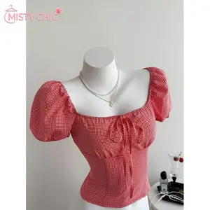 MISTY CHIC French Style Form-Fitting Gingham Blouse With Square Neck, Puff Sleeves, Front Drawstring And Smocked Back Tie, Casual Vacation Vibe, Ideal For Daily Wear, Brunch, Mix-And-Match Outfits And Trendy Everyday Fashion