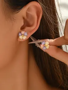 Geometric Multicolor Petal Inlaid Simulated Gemstone Drop Earrings, Casual Style, Zinc Alloy Material, All Seasons Wear