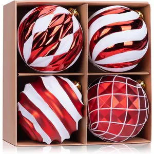 6 Inch Large Red and White Christmas Ball Ornaments Set, 4 Pcs Big Shatterproof Hand-Painted Hanging Bulbs for Xmas Tree, Wreath, Garland, Holiday Party Outdoor Decorations