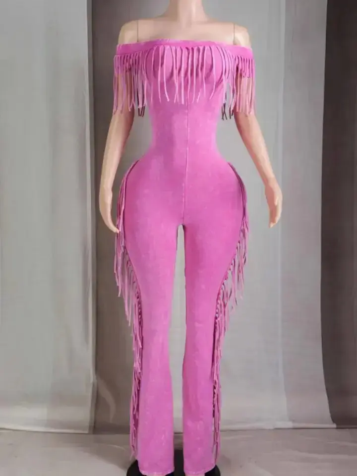 Pink Mineral Wash Fringe Off Shoulder Jumpsuit