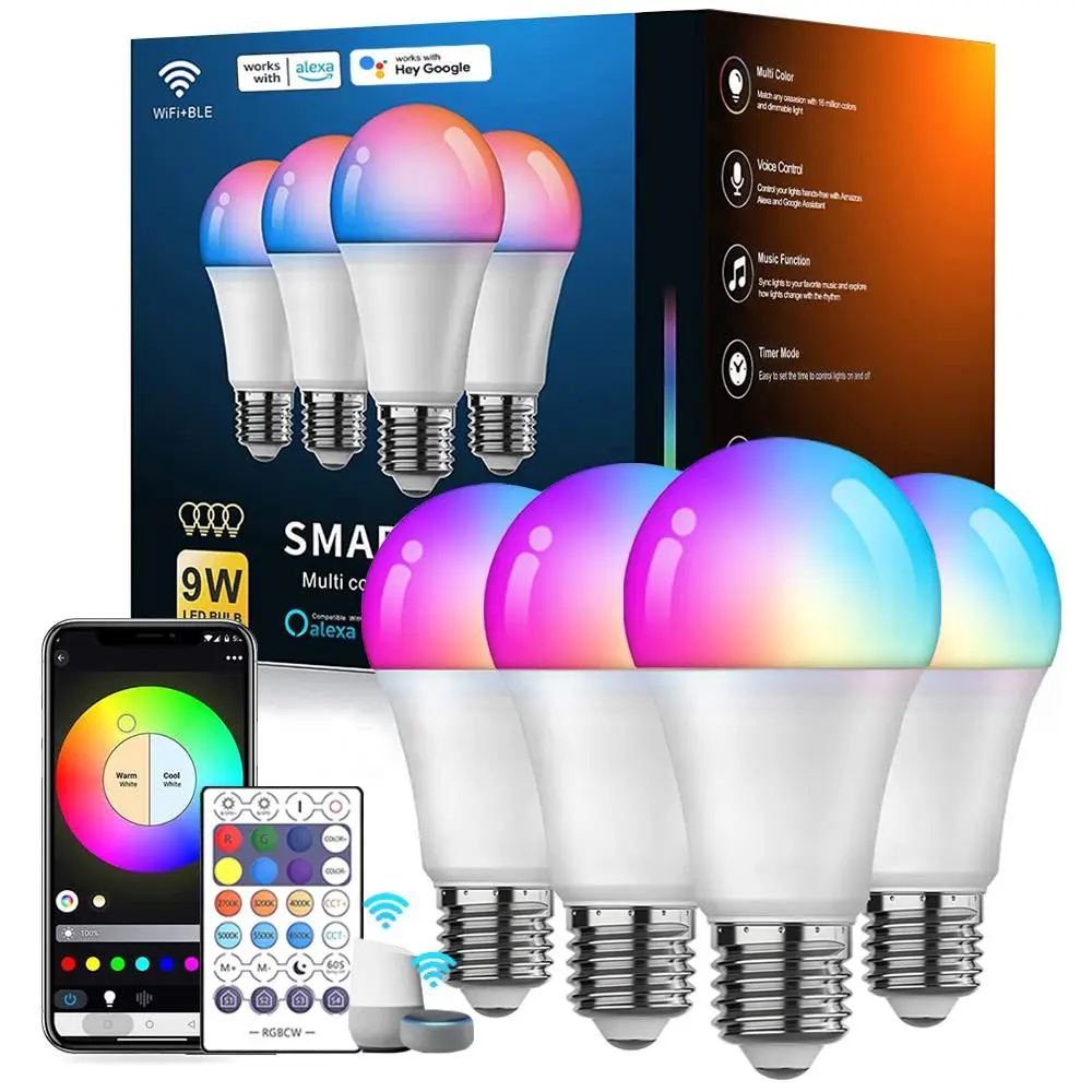 Smart WiFi LED Bulb, APP Control & Voice Control Dimmable RGBCW Smart Home Lighting, Color Changing Bluetooth-compatible LED Bulb for Bedroom