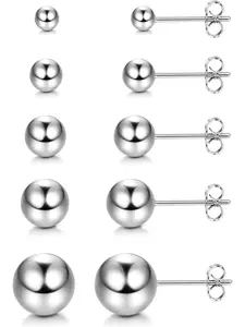 Round 5 Pairs Silvery Beads Ear Studs G23 Titanium Earrings Studs for Women Men Tiny Ball Cartilage Earring Stud for Sensitive Ears Round Cubic Zirconia Ball Tragus Stud Earrings Hypoallergenic Earrings Premium High Polished with Pure Titanium