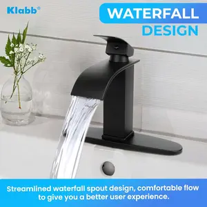 Klabb S16 Black Waterfall Spout Bathroom Faucet, Single Handle Bathroom Vanity Sink Faucet, RV Lavatory Vessel Faucets Basin Mixer Tap with Deck Plate, Solid Brass / Matte Black Mouth Faucet New Kitchen Sink Faucet