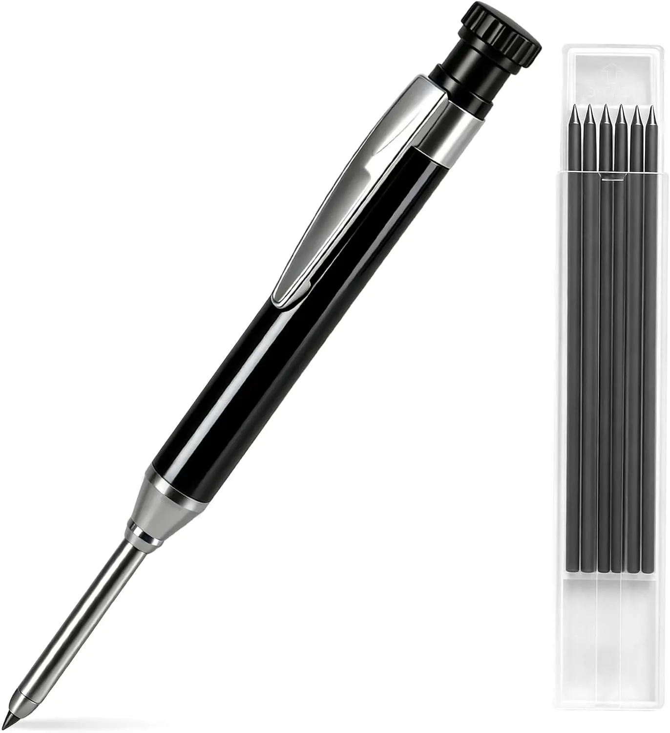 2.8mm Carpenter Pencils with 7 Refills, Built-in Sharpener Long Nib Deep Hole Construction Pencil, Metal Drafting Pencil Set