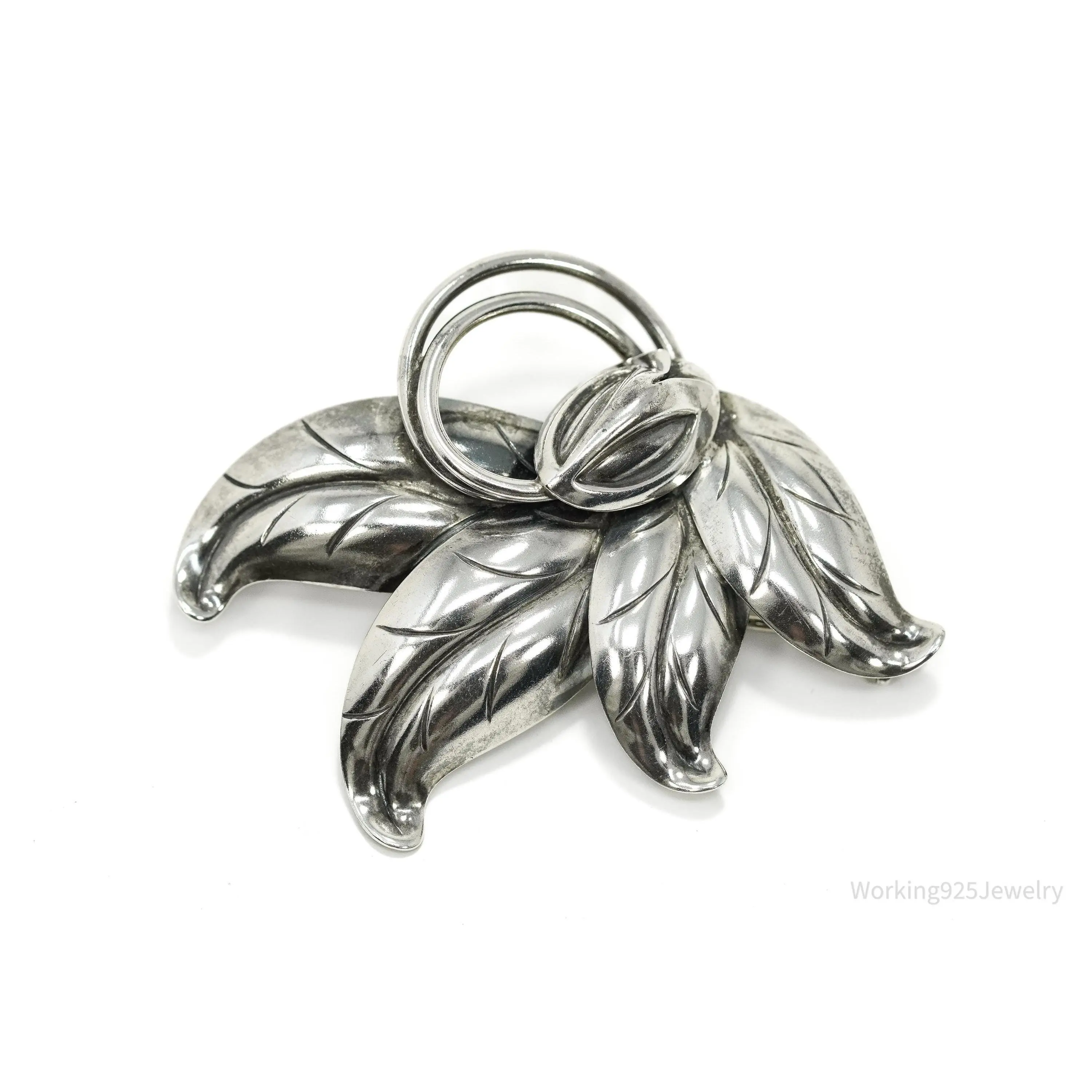 Large Vintage Denmark Hermann Siersbol Modernist Floral Sterling Silver Pin Brooch