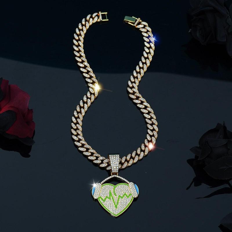 14K Gold Plated with Austrian Rhinestones- Music Heart Design Pendant Miami Cuban Link Chain Italy & Mexico Inspired Necklace for Men&Women Hip Hop Gift