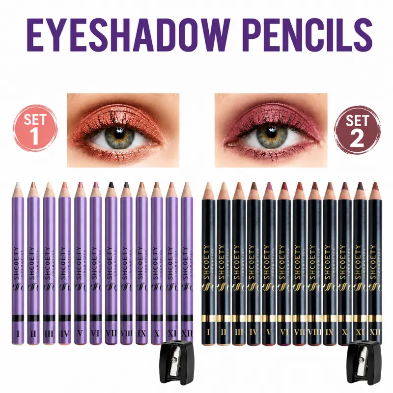 Women's 12-Color Cosmetic Eyeshadow Stick Set, Compact Purple & Black Shimmer Eye Shadow Pencils, Holiday Makeup Gift with Sharpener & Blender