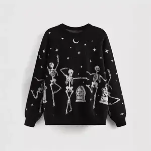 Women’s Halloween Black Skull Pullover, Oversized Loose Fit, Vintage Graphic Knit Sweater, Knitwear