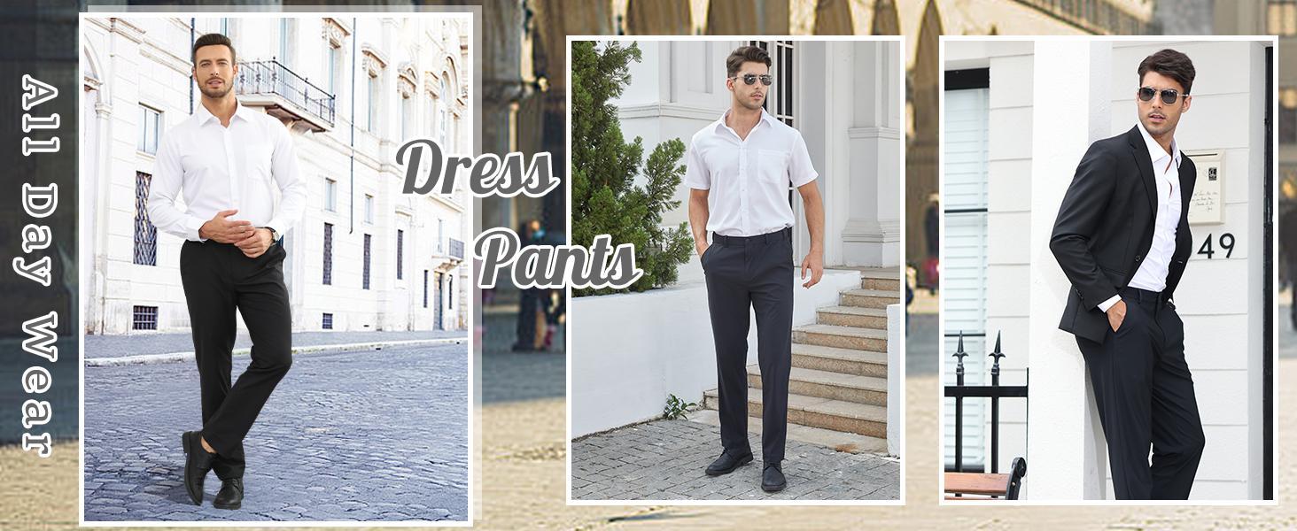 AMZPURE Men's Formal Stretch Menswear Pants - Flat Front, Wrinkle Free, Elastic Waistband, Office-Ready Look for Office Work Sohochic Style