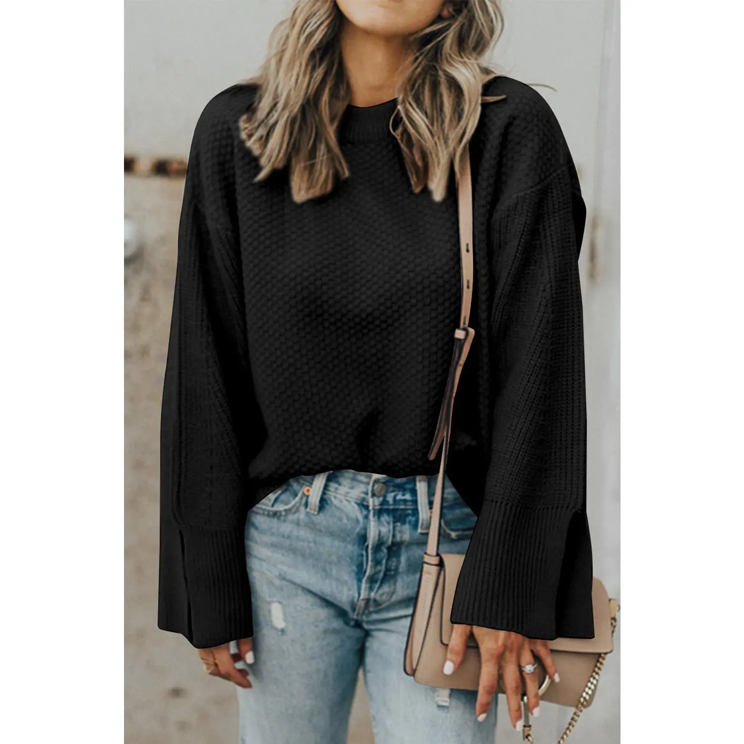 Black Solid Textured Knit Split Cuff Drop Shoulder Loose Sweater