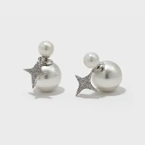 booneealus Pearl Stud Earrings with Reversible Zircon Starburst