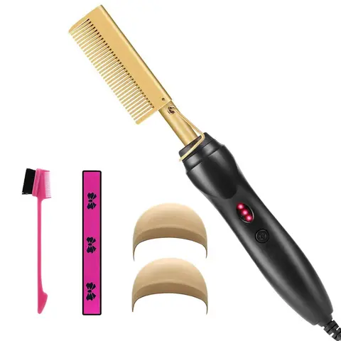 Professional Portable Electric Ceramic Hot Comb Multifunctional Hair Straightener Kit - 40W Salon-Grade Tool with Edge Control Brush, Elastic Wig Bands, Wig Caps, Portable Power, Instant Styling, Ideal Christmas/Birthday Gift for Girlfriend