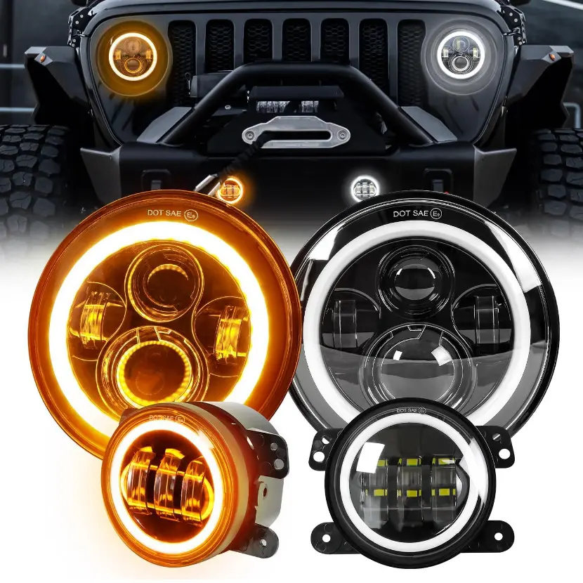 Dot Approved 7inch LED Headlights with White DRL/Amber Turn Signal + 4 inch LED Fog Lights with White DRL Halo Ring for Jeep Wrangler JK LJ Tj