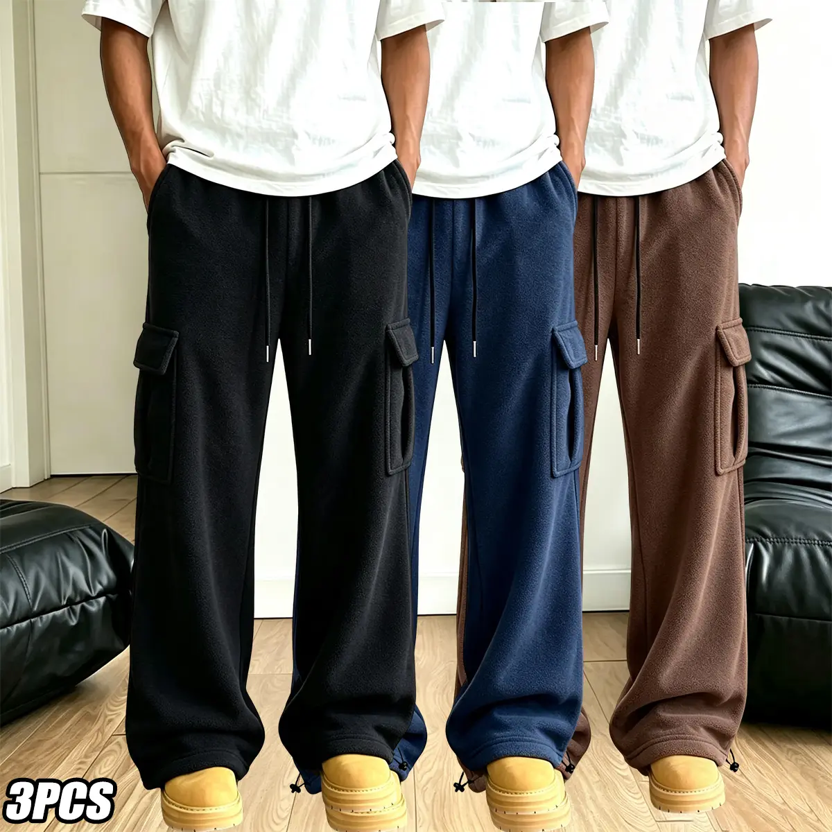 3-pack men’s fleece sweatpants, cargo pants, thick and warm for cold weather, slightly stretchy, soft and skin-friendly, anti-pilling, multiple pockets, elastic waistband with drawstring, tie cuffs, straight leg, two ways to wear, loose fit, streetwear, s