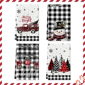 2/4pcs Christmas Towel Set, Buffalo Grid Santa Claus, Christmas Tree, Snowflake Printed Dishwashing Tea Towels, Multi functional Cleaning Towels, Suitable for Kitchen and Restaurant Celebrations, Christmas Parties, Home Decoration