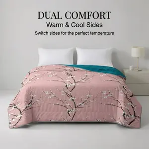 1pc Cherry Blossom Reversible Quilt, Dual Comfort Cool & Warm Sides Blanket, Lightweight Quilted Air Conditioner Comforter, All-Season Bed Cover for Home
