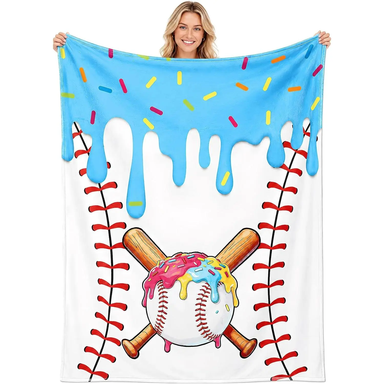 Baseball Ice Cream Drip Blanket 50 X 40 Inch Warm Flannel Sport Theme Throw Blanket Baseball Ice Cream Drip Stuff Team Gifts for Baseballs Lovers Player Travel Room Birthday Party Decorations (Blue)