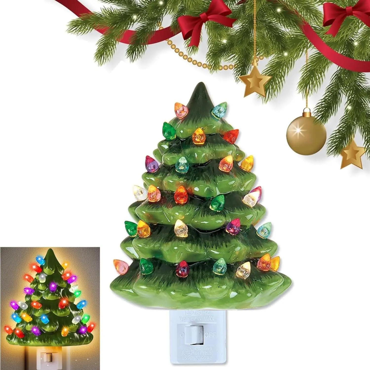 Christmas Tree Night Light Resin Decoration Lamp with Colorful Bulbs, 360 Degree Rotating Plug, Built-in Switch for Home Bathroom Bedroom Decor Indoor Decorative Light