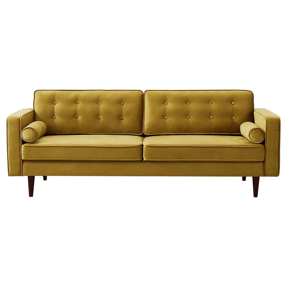 Kirby Dark Yellow Velvet Blend Modern Upholstered Sofa - Mid Century Modern, Tufted Cushions, Assembly Required Indoor Living Room Furniture