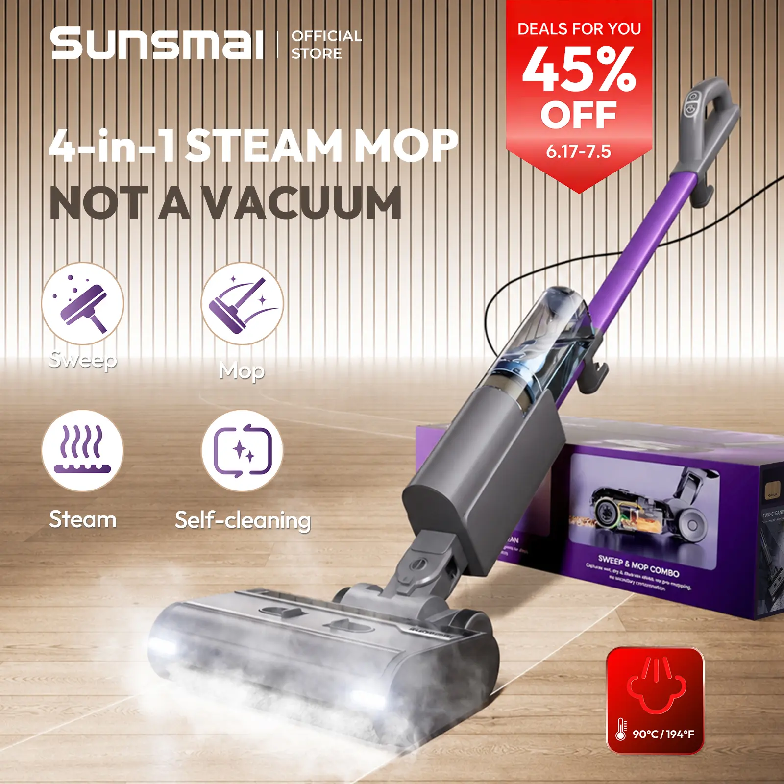 Sunsmai Chemical-Free Steam Mop | Self-Cleaning Floor Steamer for Kids & Pets | 180° Swivel Head, LED Headlights, Anti-Scaling Design for Whole House Cleaning