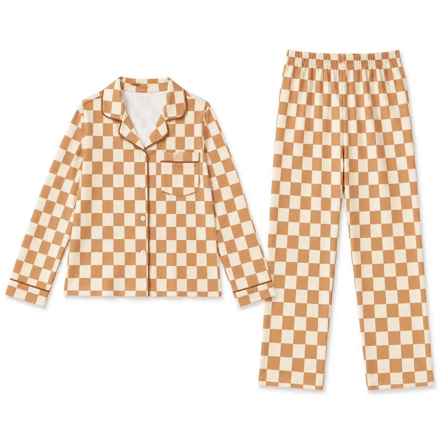 Women’s Long-Sleeve Button-Up Checkered Pajama Set for Autumn & Winter - Cozy Soft Sleepwear with Matching Full-Length Pants, Perfect Loungewear Outfit