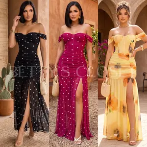 Priscilla Off Shoulder Corset Mesh Maxi Dres