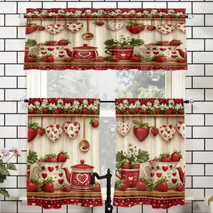 SoftHaven Home 3-Panel Semi-Sheer Microfiber Polyester Curtains, Classic Vintage Love Cutlery & Strawberry Print, Made in USA, Stain Resistant, Machine Washable, All-Season Versatile Design, Ideal for Cafe & Living Room,summervibes