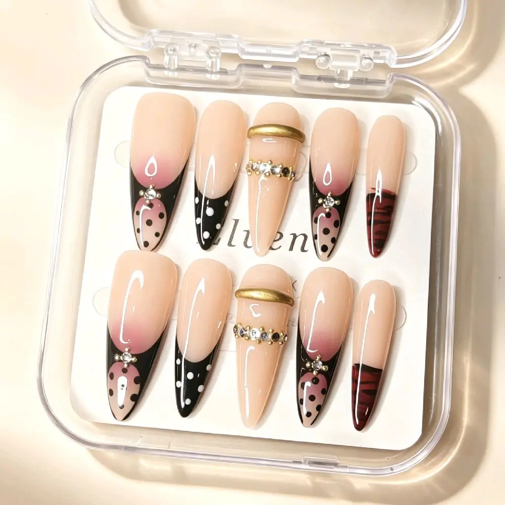 Handmade Nude Pink Press On Nails - French Tip with Polka Dot & Tiger Print, Metal Ring & Rhinestone, Long Stiletto Reusable Fake Nails, Salon Quality