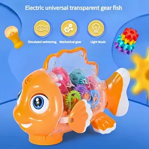 Transparent Electric Gear Gold Fish with Lights, Music, Universal Wheel Car Fish Toy for Children 0-3 Years, Electric Clown Fish Shaking Walking Toy, Requires 3 AA Batteries, Sensory Puzzle Early Education Gift, baby aquarium toy, robo fish, robo fish toy