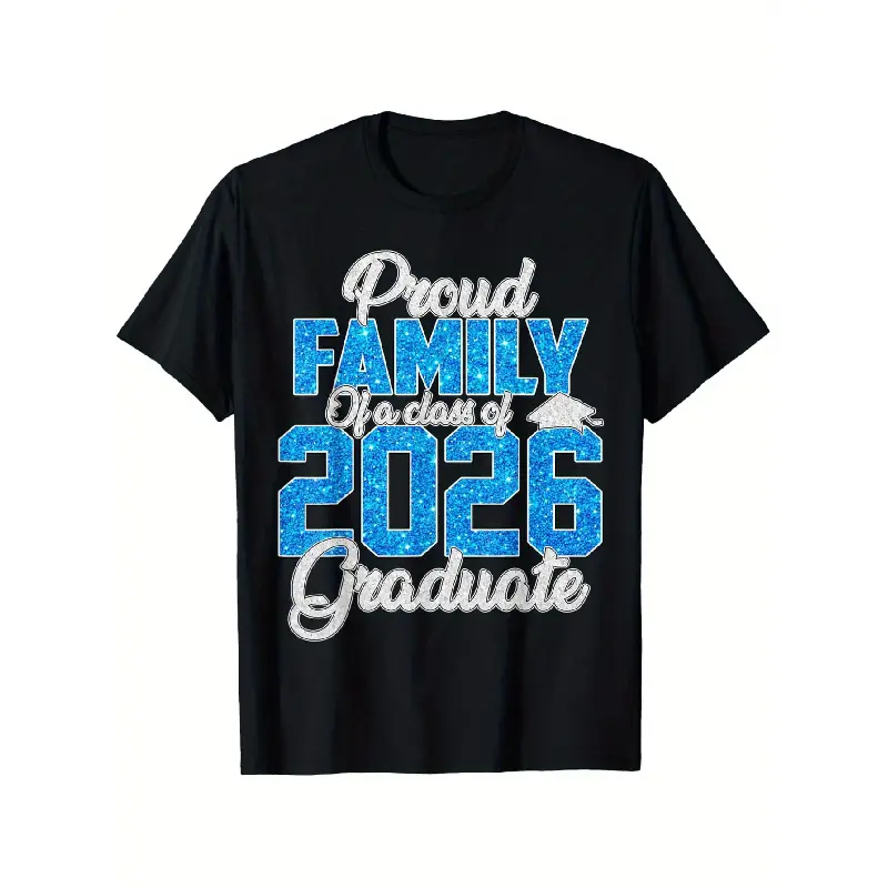 2026 Graduation Family T-Shirt- Graduates Family Proud Bold Blue Font- Black Graduation Party T-Shirt- Unisex Adult Size- Perfect Graduation Gift for Parents, Grandparents, Brothers and Sisters- Baptism, Christmas,  Oversized Graphic Menswear Tshirt