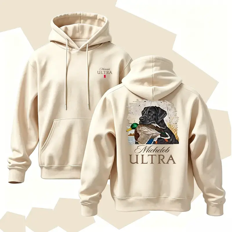 Vintage Duck Hunting Dog Graphic Hoodie | Labrador Retriever Print Sweatshirt | Black Aesthetic Streetwear Hooded Top | Trendy Pullover Men Women Unisex