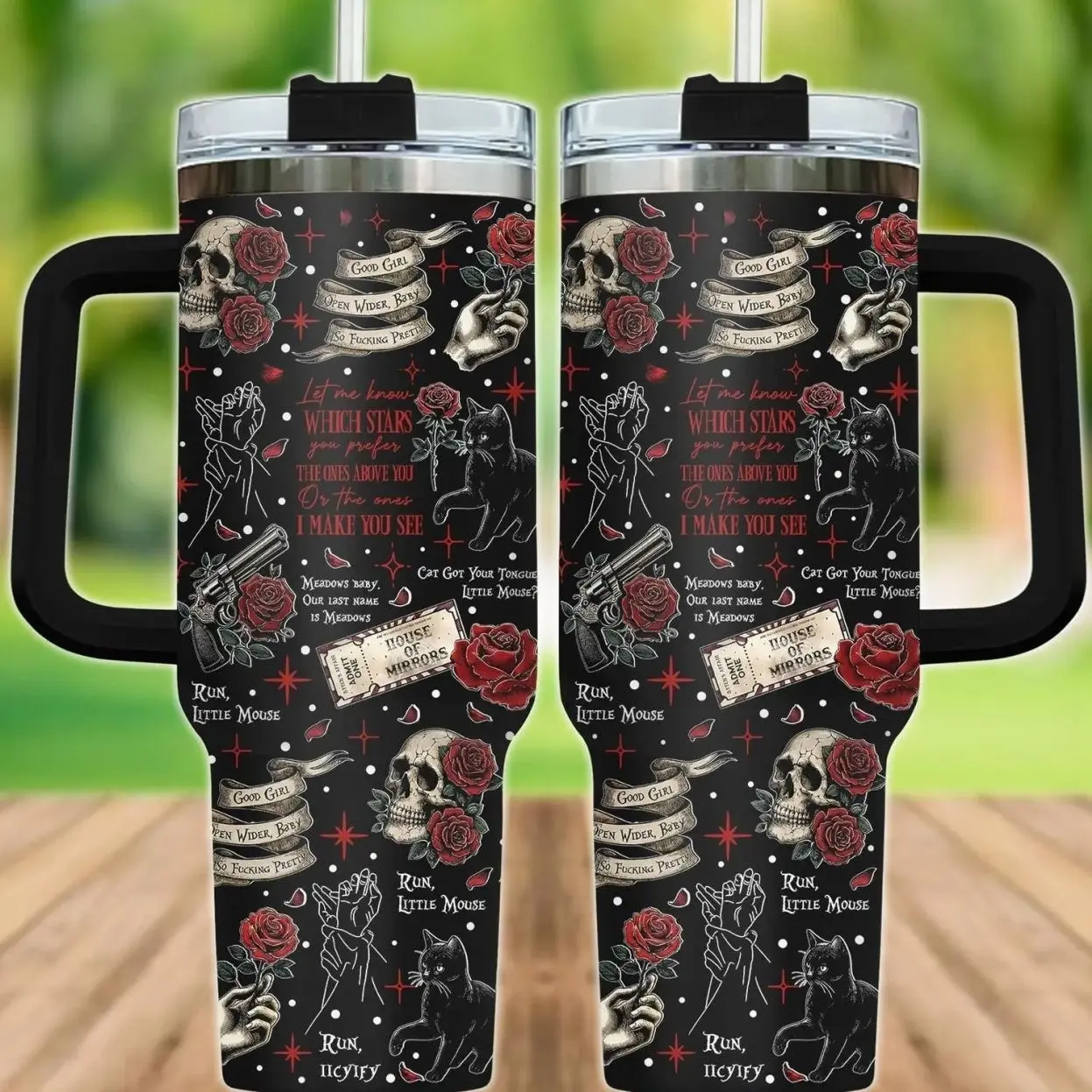 Haunting Adeline Zade Meadows 40oz Insulated Tumbler With Handle & Straw, Cat And Mouse Duet Run Little Mouse Dark Romance Bookish Gift For Book Lovers, Gothic Skull Rose Black Stainless Steel Travel Mug, Trending Cup On Tiktok