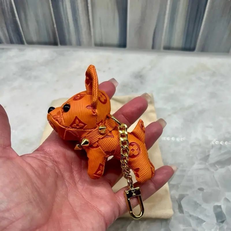Miniature Fashion Frenchie Puppy Bag Charm in Orange Leather Keychain Designer Accessory for Purses Backpacks & Briefcases with Dust Bag!