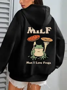 【Plus Size】 Cartoon Frog & Letter Print Hoodie, Fashion Casual Drawstring Kangaroo Pocket Hooded Sweatshirt for Daily Holiday Outdoor Wear, Women Clothing for Fall & Winter